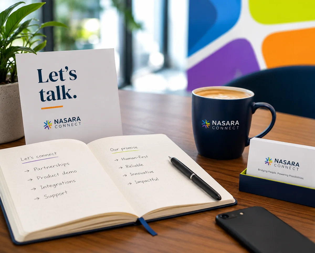 A desk with a 'Let's talk' notebook and a Nasara Connect mug, ready for a conversation.