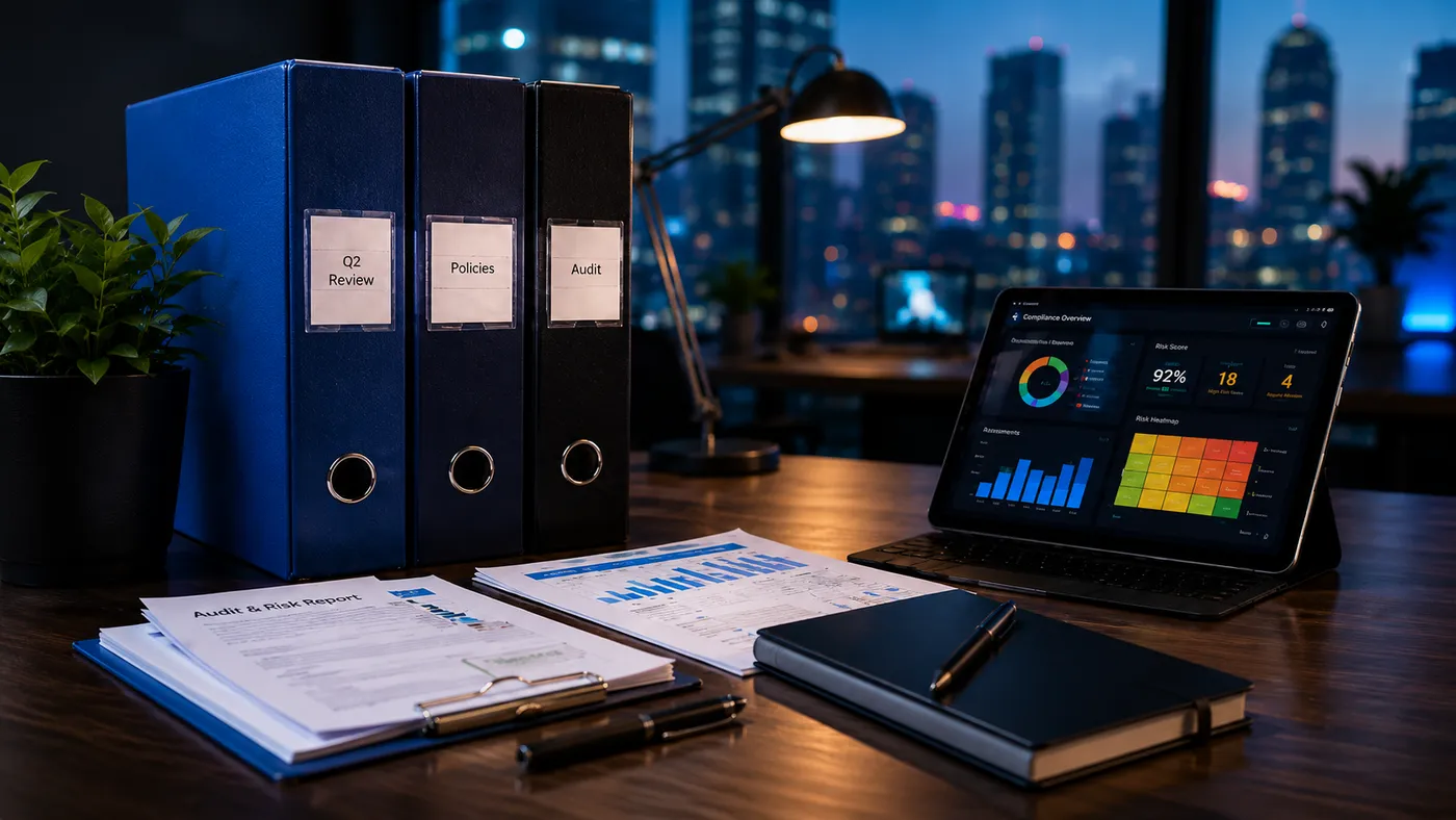 A shelf of labelled compliance binders next to a tablet showing a live risk dashboard