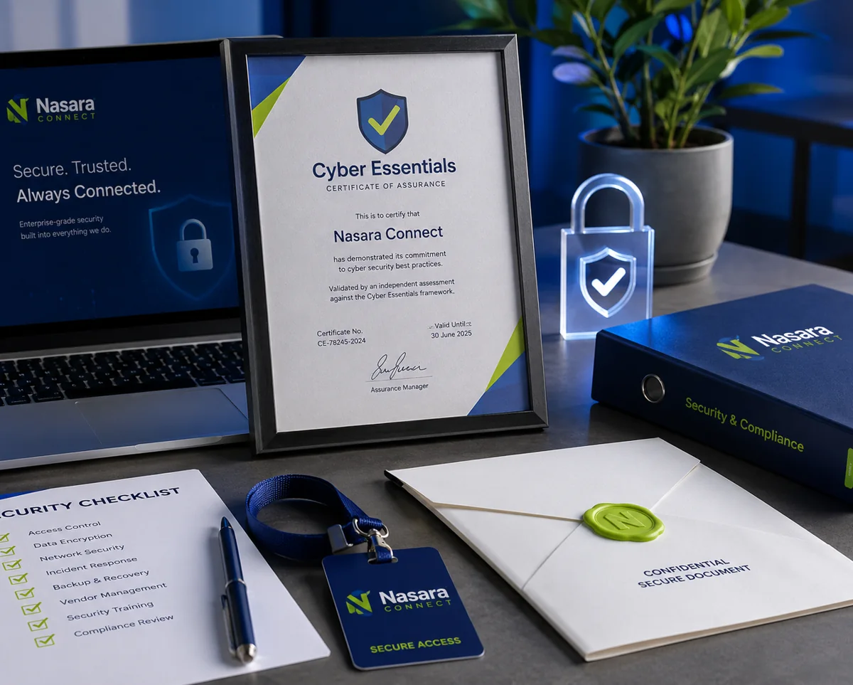 A Cyber Essentials certification badge and security documentation on a desk.